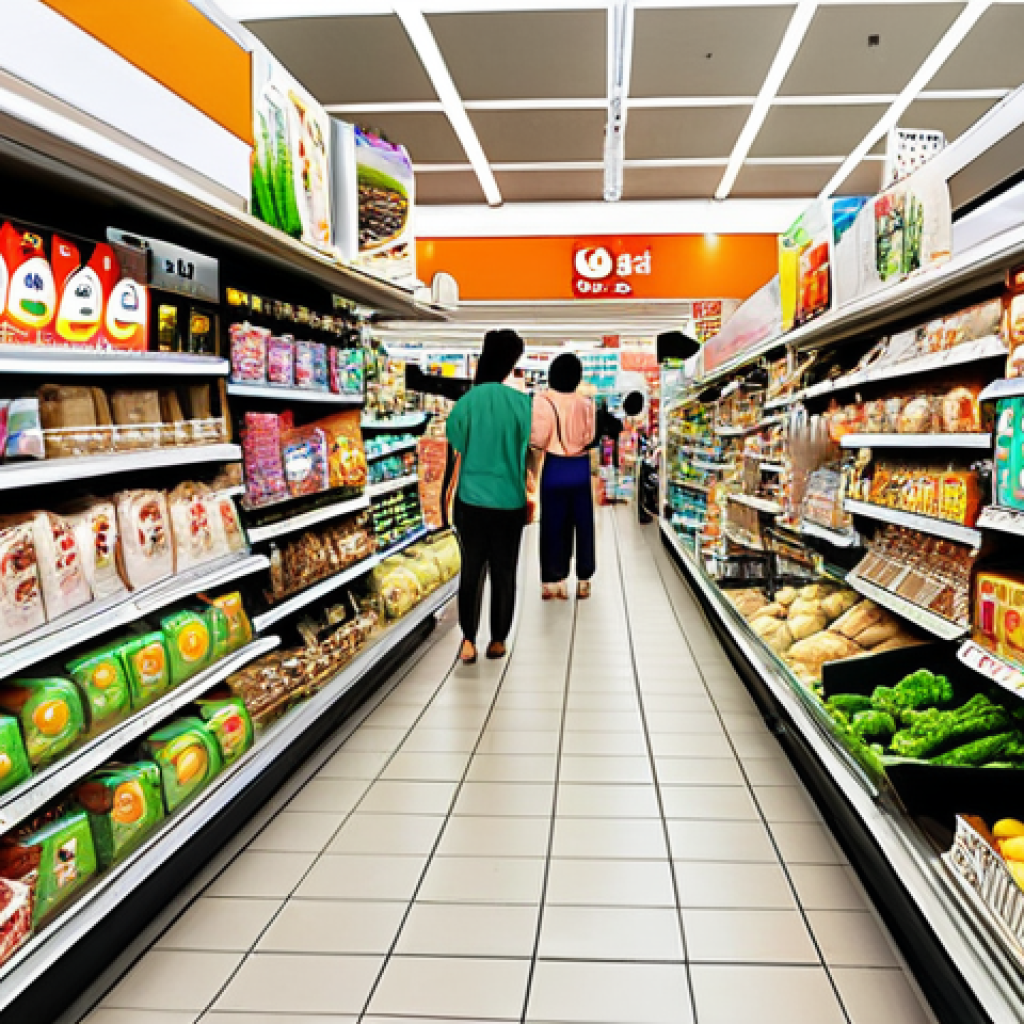 Vietnamese Retail Growth**

Prompt: "Thriving Vietnamese retail scene. Modern supermarket interior with diverse local products, busy shoppers. Add an overlay of rising e-commerce charts and smartphones displaying shopping apps. Focus on bright colors and a sense of upward momentum. Include the text "Retail Sector Growth" subtly in the background."

**