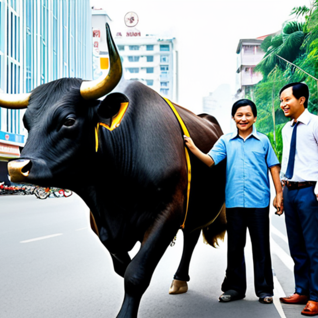 Diverse Investment Portfolio**

A brightly lit scene depicting a modern Vietnamese family, fully clothed in everyday attire, gathered around a tablet displaying various investment options: stocks (represented by a bull graphic), a sleek apartment building for real estate, gold bars, and a savings account interface. In the background, a bustling Ho Chi Minh City street scene. The overall feel is positive and aspirational. Ensure perfect anatomy and natural proportions. safe for work, appropriate content, fully clothed, family-friendly, professional, high quality.

**