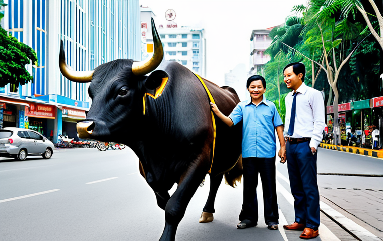 Diverse Investment Portfolio**
A brightly lit scene depicting a modern Vietnamese family, fully clothed in everyday attire, gathered around a tablet displaying various investment options: stocks (represented by a bull graphic), a sleek apartment building for real estate, gold bars, and a savings account interface. In the background, a bustling Ho Chi Minh City street scene. The overall feel is positive and aspirational. Ensure perfect anatomy and natural proportions. safe for work, appropriate content, fully clothed, family-friendly, professional, high quality.
**