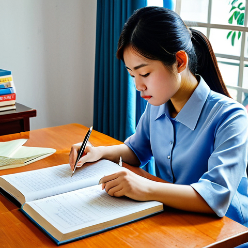 CFA 학습 자료 추천 - Aspiring CFA Candidate Studying**
"A young Vietnamese woman, fully clothed in a traditional *áo dài...