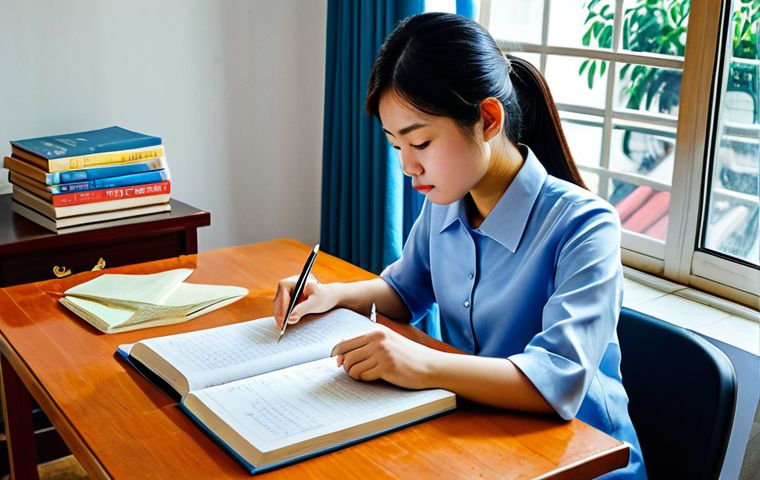 CFA 학습 자료 추천 - Aspiring CFA Candidate Studying**
"A young Vietnamese woman, fully clothed in a traditional *áo dài...
