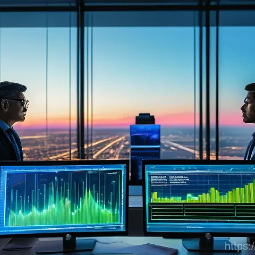 금융투자분석사의 업무 혁신 사례 - **Prompt:** A dynamic, high-tech financial office at dusk. In the foreground, a diverse team of prof...