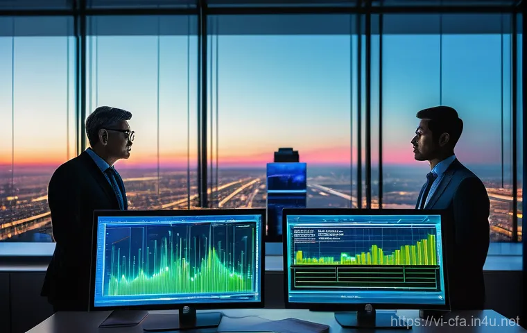 금융투자분석사의 업무 혁신 사례 - **Prompt:** A dynamic, high-tech financial office at dusk. In the foreground, a diverse team of prof...