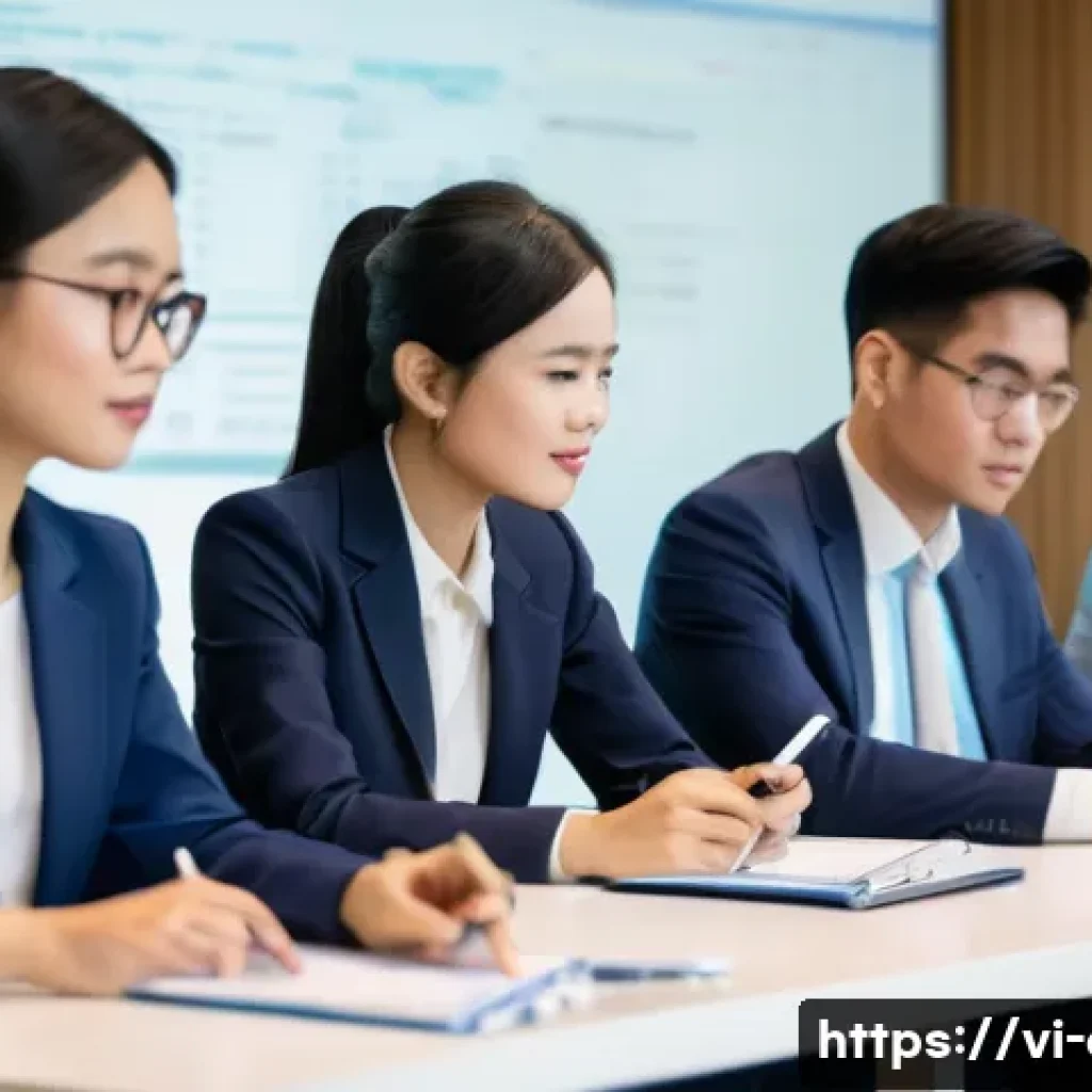 금융투자분석사의 자격 유지 조건 - **Prompt:** A group of young, diverse Vietnamese financial professionals, dressed in smart business ...