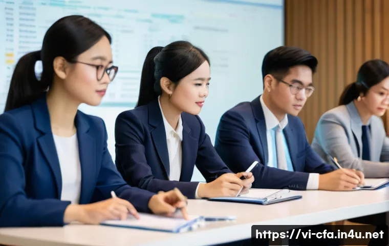금융투자분석사의 자격 유지 조건 - **Prompt:** A group of young, diverse Vietnamese financial professionals, dressed in smart business ...
