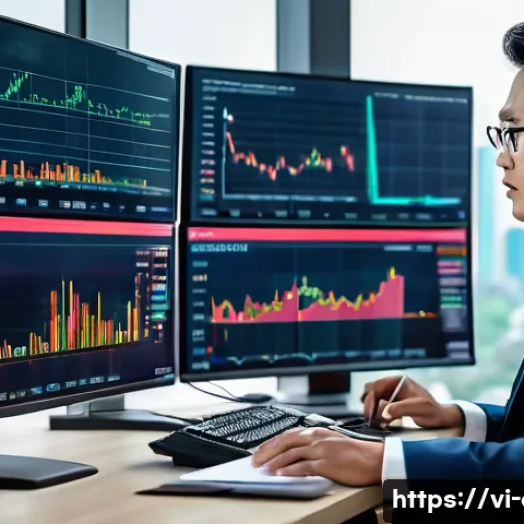 금융투자분석사로서의 실무 경험 공유 - A modern Vietnamese financial analyst in a contemporary office setting, analyzing dual computer scre...