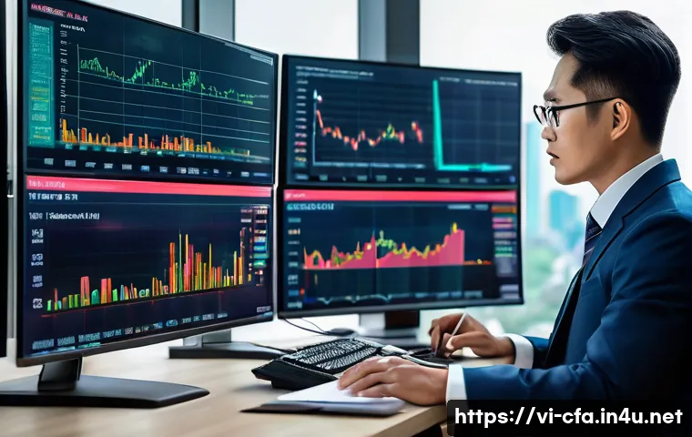 금융투자분석사로서의 실무 경험 공유 - A modern Vietnamese financial analyst in a contemporary office setting, analyzing dual computer scre...