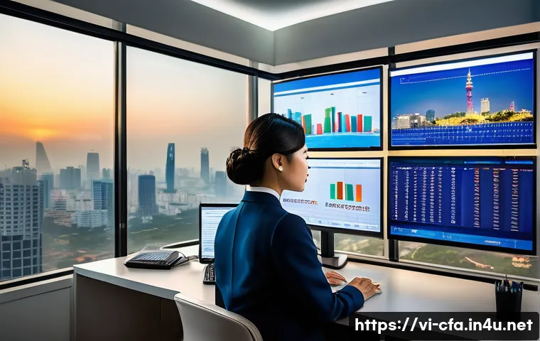 CFA와 투자 철학 정립 - A modern Vietnamese financial analyst in a sleek office overlooking Ho Chi Minh City skyline at suns...