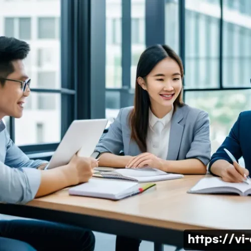 Home 33 CFA 학습 커뮤니티 추천 - A diverse group of Vietnamese CFA candidates studying together in a modern co-working space, surroun...