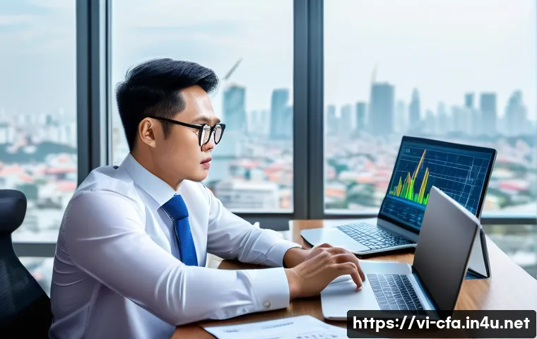 CFA와 자산 포트폴리오 설계 - A professional Vietnamese investor in a modern office setting, analyzing a diverse investment portfo...