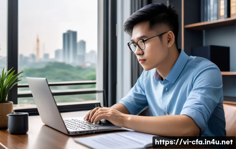 CFA 시험 난이도별 과목 분석 - A focused Vietnamese adult student studying CFA Level I in a modern home office, surrounded by textb...