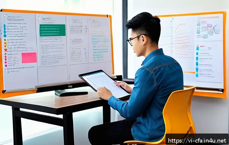 CFA 학습에 적합한 온라인 강의 - A focused Vietnamese young adult studying for the CFA exam at a modern home office, wearing casual s...