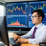 Home 23 CFA 자격증과 추가 전문성 개발 - A professional Vietnamese financial analyst in a modern office setting, focused intently on a large ...