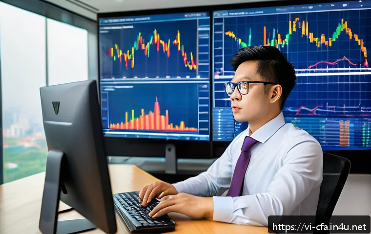 CFA 자격증과 추가 전문성 개발 - A professional Vietnamese financial analyst in a modern office setting, focused intently on a large ...