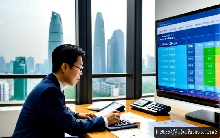 Home 17 CFA 자격증의 장기적 커리어 효과 - Photorealistic modern financial analyst in a tailored business suit reviewing diversified investment...